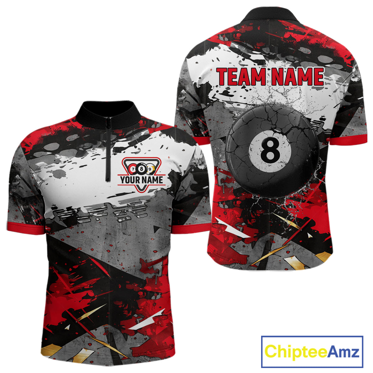 Black, White And Red Grunge Paint Billiard Pool Shirts For Men Custom 8 Ball Billiard Team Attire NYN3019