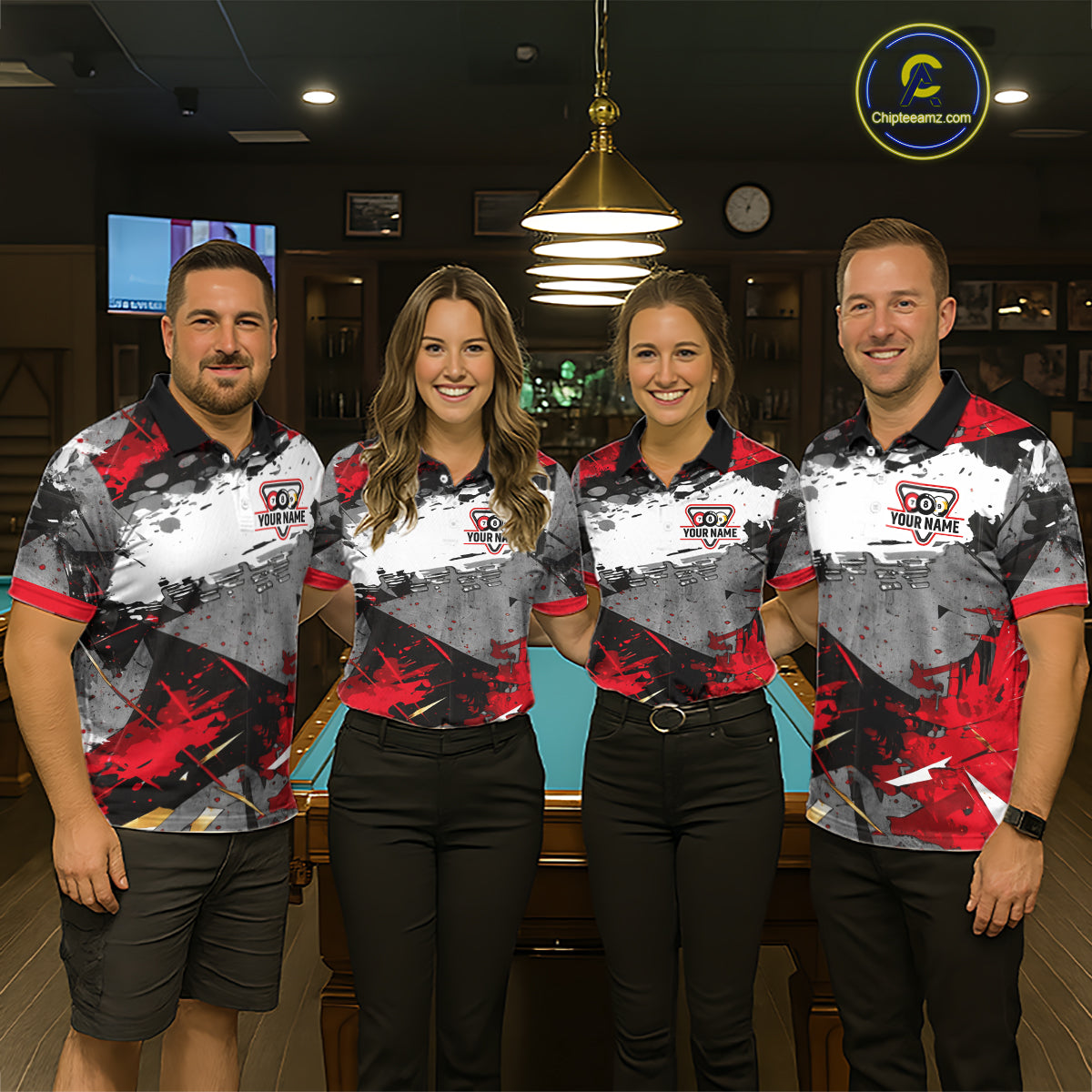 Black, White And Red Grunge Paint Billiard Pool Shirts For Men Custom 8 Ball Billiard Team Attire NYN3019