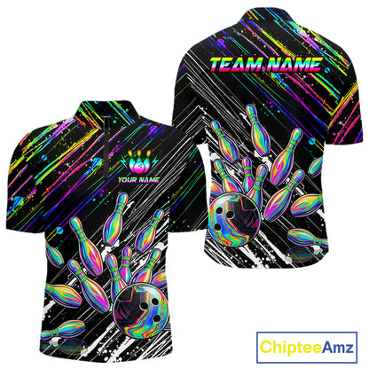 Holographic Strike Bowling Ball & Pins Jersey For Men Custom Splatter Paint Bowling Team Shirts NYN3200