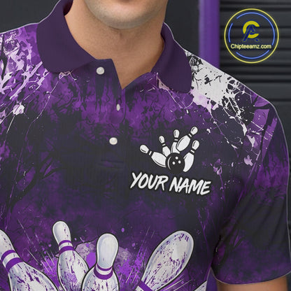 Man wearing white purple splatter bowling ball shirt custom bowling apparel