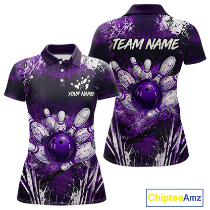 Women's white purple splatter paint bowling ball polo shirt custom bowling jersey mockup