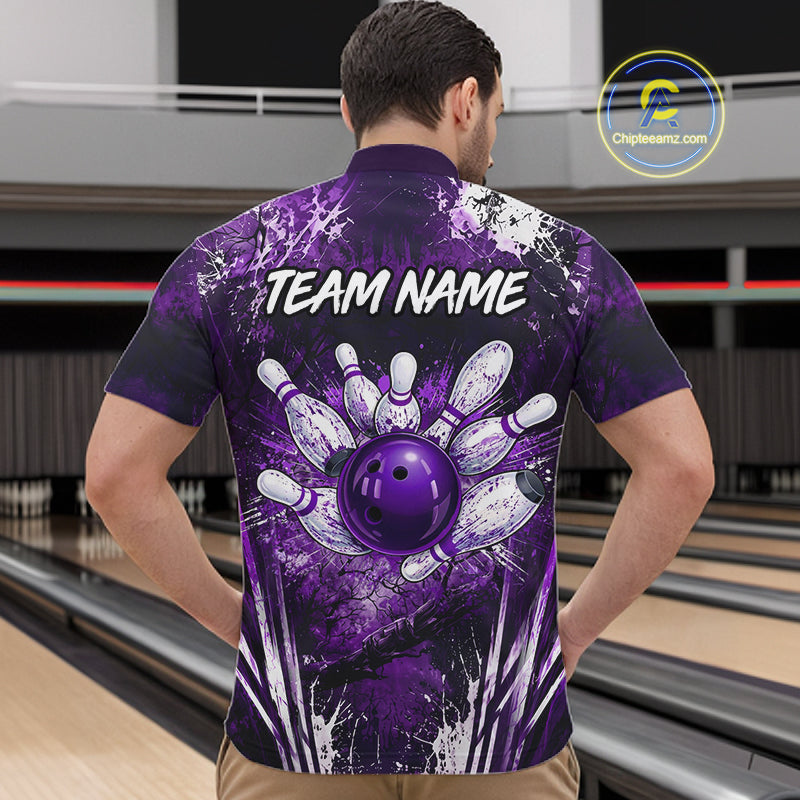Man wearing white purple splatter bowling ball shirt custom bowling apparel