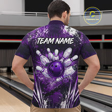 Load image into Gallery viewer, Man wearing white purple splatter bowling ball shirt custom bowling apparel
