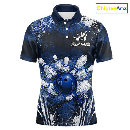 Men's white blue splatter paint bowling ball polo shirt custom bowling jersey mockup