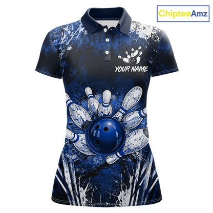 Women's white blue splatter paint bowling ball polo shirt custom bowling jersey mockup