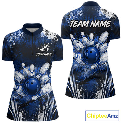 Women's white blue splatter bowling ball quarter zip bowling shirt mockup