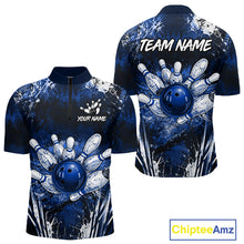 Load image into Gallery viewer, Men's white blue splatter bowling ball quarter zip bowling shirt mockup