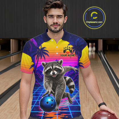 Man wearing funny raccoon bowling shirt custom summer bowling apparel
