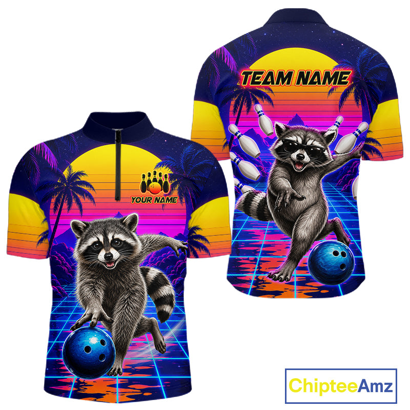 Funny raccoon quarter zip bowling shirt for men custom bowling jersey mockup