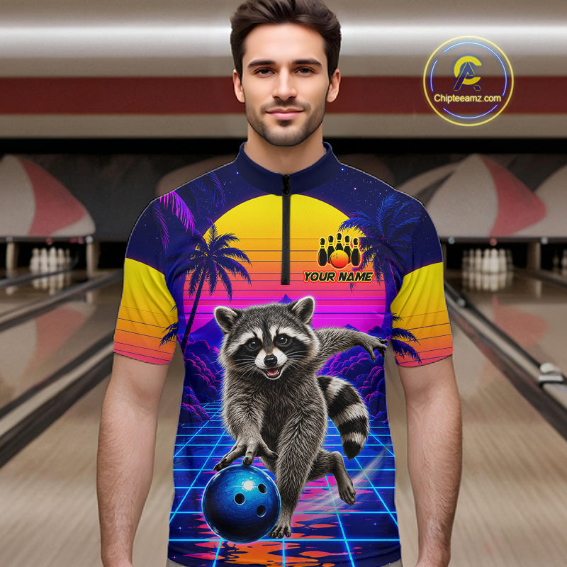 Man wearing funny raccoon bowling shirt custom summer bowling apparel