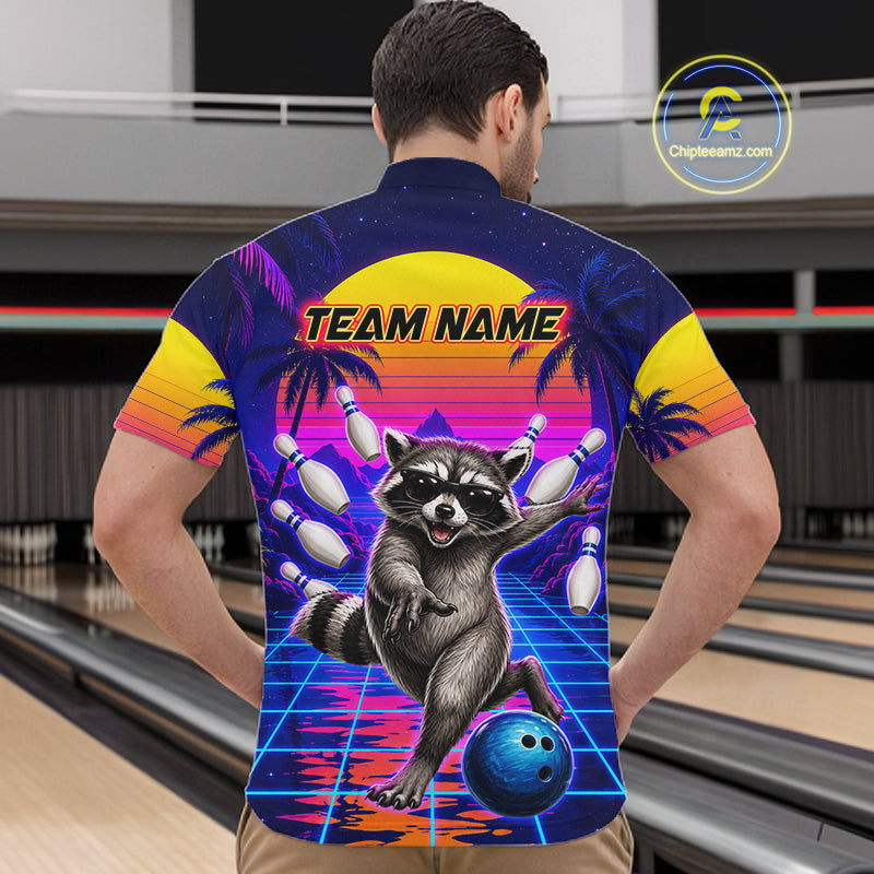 Man wearing funny raccoon bowling shirt custom summer bowling apparel
