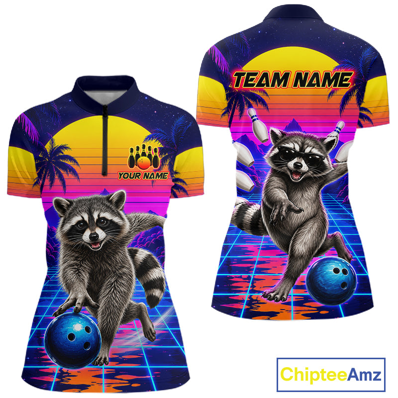 Funny raccoon quarter zip bowling shirt for women custom bowling jersey mockup
