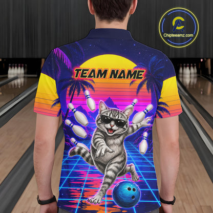 Man wearing funny cat bowling shirt personalized bowling apparel