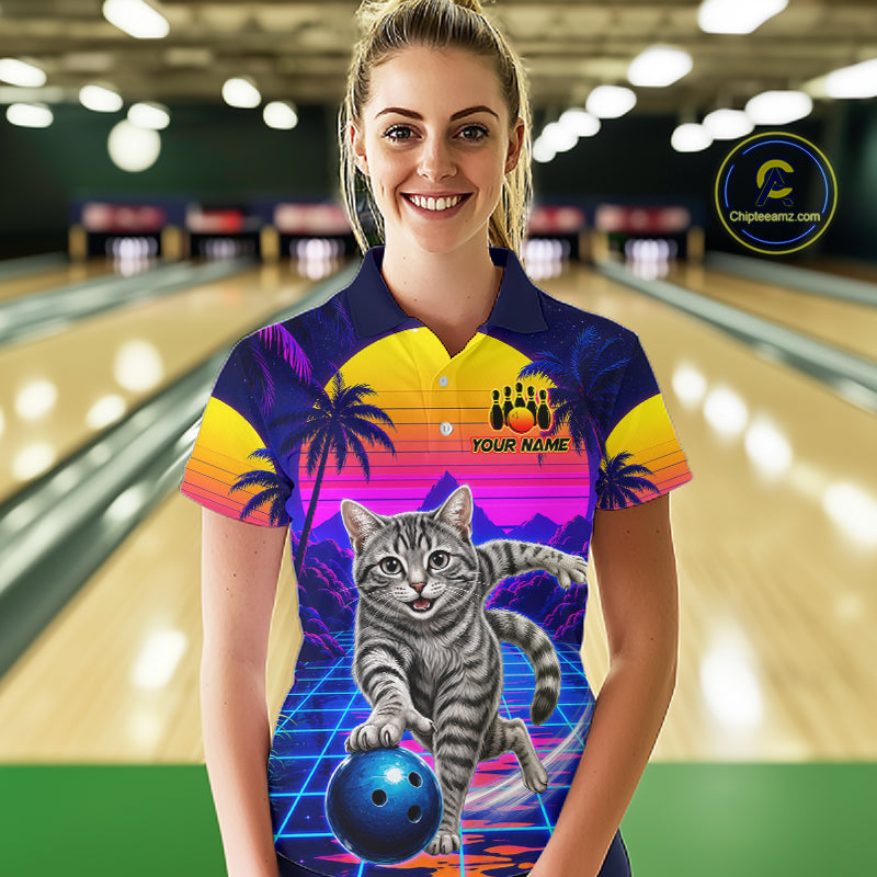 Funny cat quarter zip bowling shirt for women custom bowling jersey mockup