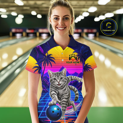 Funny cat quarter zip bowling shirt for women custom bowling jersey mockup
