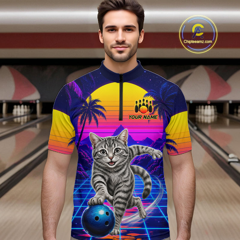 Man wearing funny cat bowling shirt personalized bowling apparel