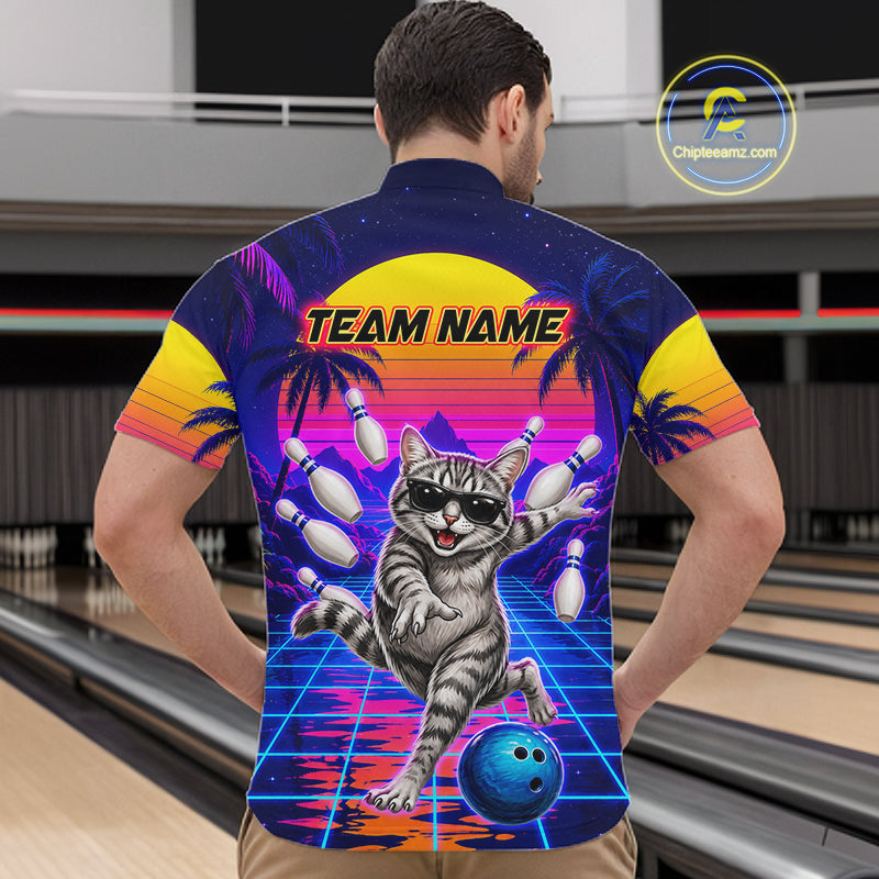 Man wearing funny cat bowling shirt personalized bowling apparel