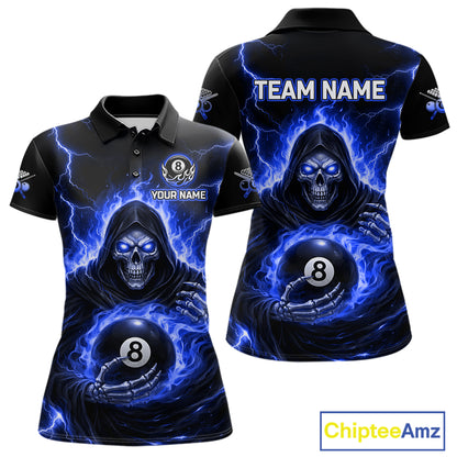 Blue Flames Grim Reaper Holding 8 Ball Pool Women Polo & 1/4-Zip Shirt Personalized Billiard Gifts NYN2661