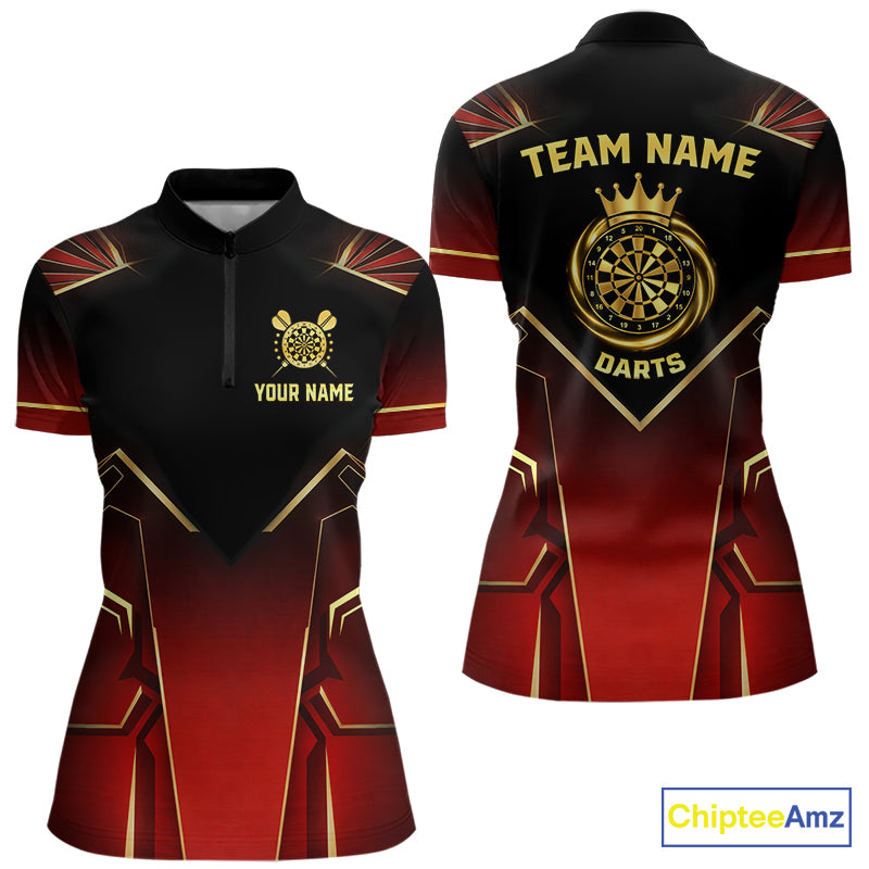 Black, Red And Gold Crown Dartboard Women Darts Polo & 1/4-Zip Shirts Custom Darts Outfits Team Jersey NYN3035