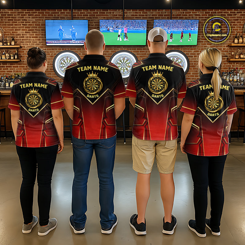 Black, Red And Gold Crown Dartboard Men Darts Polo & 1/4-Zip Shirts Custom Darts Outfits Team Jersey NYN3035