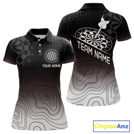 Women's Custom Dart Shirt, Darts Hitting The Bullseye With Black-To-White Gradient NYN0249