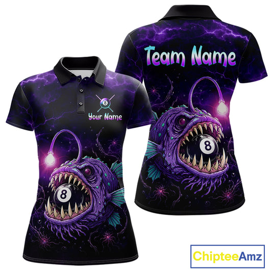 Custom Name Anglerfish women's billiard polo featuring Purple Thunder lightning, fierce deep-sea anglerfish, personalized 8 Ball pool tournament jersey, APA BCA VNEA cue sports apparel, moisture-wicking athletic polo, custom billiard league uniform, ocean wildlife performance shirt