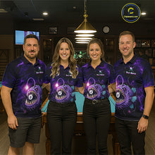 Load image into Gallery viewer, Men and women wearing matching Purple Thunder Anglerfish billiard jerseys for APA, BCA and VNEA tournaments, personalized cue sports uniforms featuring deep-sea predator symbolism representing resilience, courage, determination and focus, appealing to fishing enthusiasts, marine wildlife lovers, fantasy fans, gamers and outdoor adventure communities