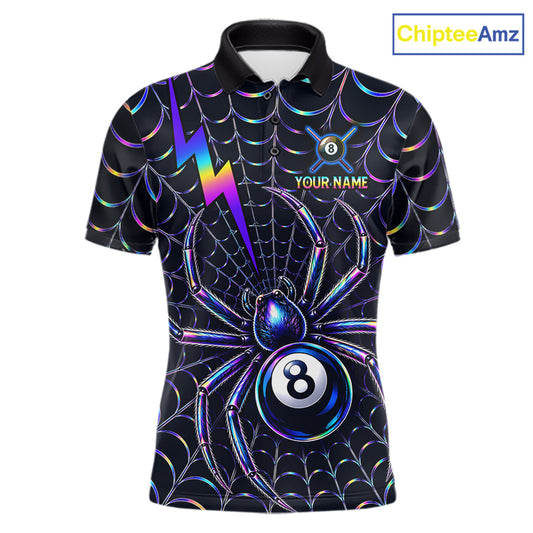 Rainbow Neon Web men's billiard polo featuring neon spider graphics, personalized 8 Ball cue sports jersey, custom pool tournament apparel, championship performance clothing with vibrant artistic design