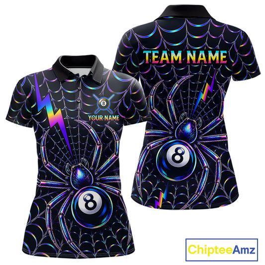 Rainbow Neon Web women's billiard polo featuring colorful spider web artwork, personalized Spider 8 Ball tournament jersey, custom cue sports apparel, APA pool league performance shirt, vibrant athletic billiard uniform