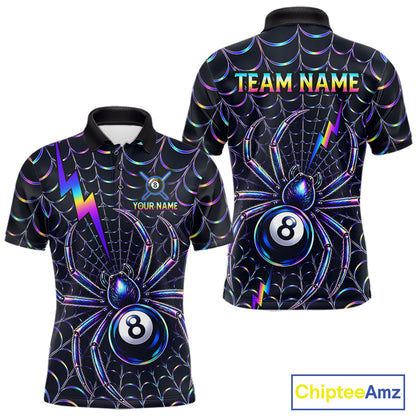 Rainbow Neon Web men's billiard polo featuring neon spider graphics, personalized 8 Ball cue sports jersey, custom pool tournament apparel, championship performance clothing with vibrant artistic design