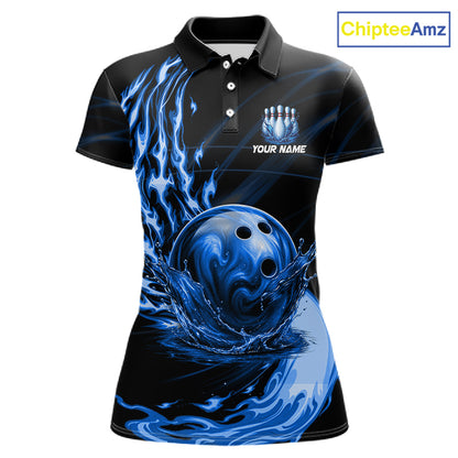 Women's blue water flame bowling ball and pins polo shirt mockup custom bowling team jersey