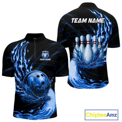 Men's blue water flame bowling ball and pins quarter zip shirt mockup custom bowling team jersey