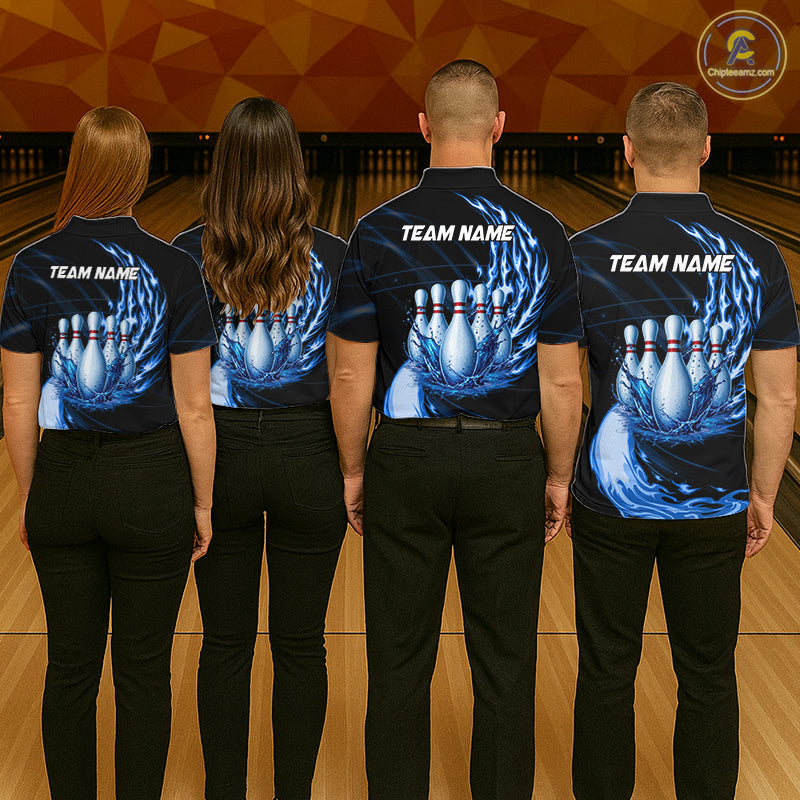 Bowling team wearing blue water flame bowling ball and pins shirts custom bowling team jerseys