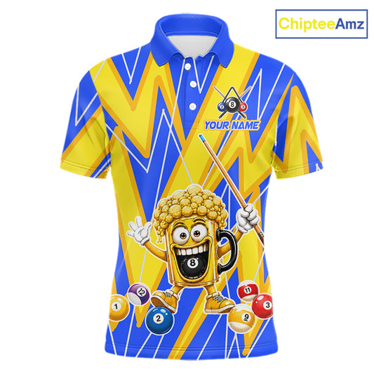 Yellow And Blue Funny Beer Billiard Shirt For Men Custom 8 Ball Pool Polo & 1/4 Zip Jersey  NYN3781