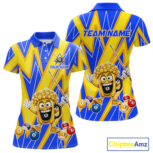 Yellow And Blue Funny Beer Billiard Shirt For Women Custom 8 Ball Pool Polo & 1/4 Zip Jersey NYN3781
