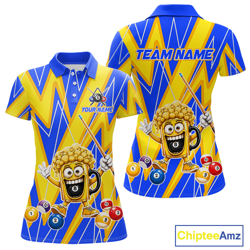 Yellow And Blue Funny Beer Billiard Shirt For Women Custom 8 Ball Pool Polo & 1/4 Zip Jersey NYN3781