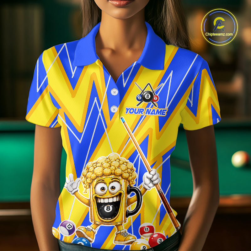 Yellow And Blue Funny Beer Billiard Shirt For Women Custom 8 Ball Pool Polo & 1/4 Zip Jersey NYN3781
