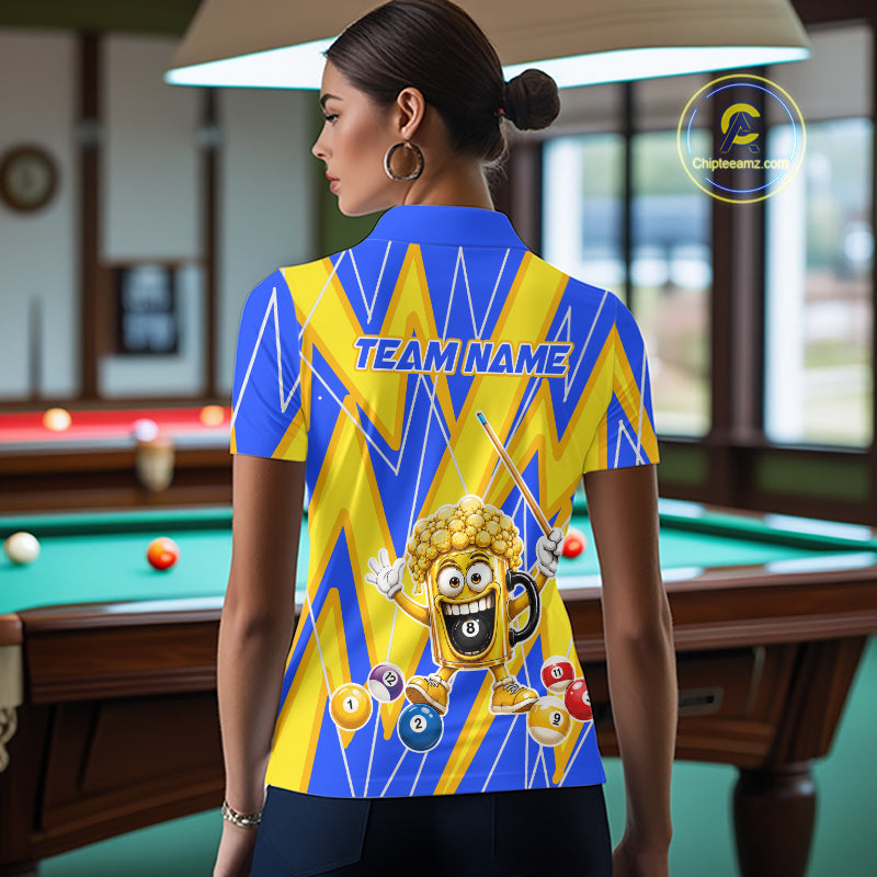 Yellow And Blue Funny Beer Billiard Shirt For Women Custom 8 Ball Pool Polo & 1/4 Zip Jersey NYN3781