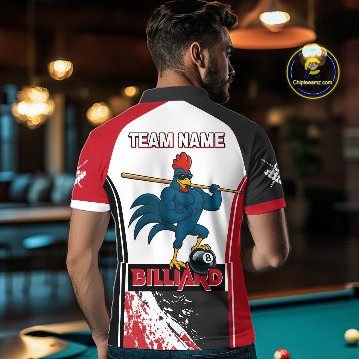 Funny Rooster Play Pool 8 Ball Men's Billiard Shirt Custom Billiard Polo & 1/4 Zip Attire|Red NYN2478
