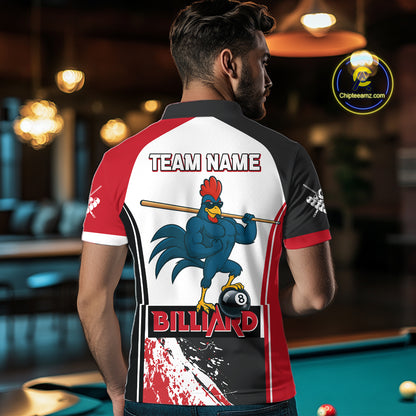Funny Rooster Play Pool 8 Ball Men's Billiard Shirt Custom Billiard Polo & 1/4 Zip Attire|Red NYN2478