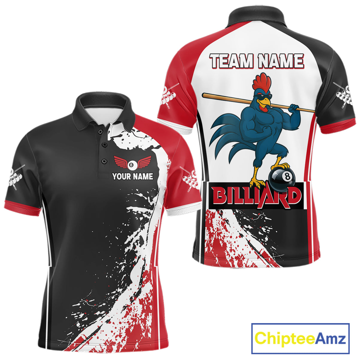 Funny Rooster Play Pool 8 Ball Men's Billiard Shirt Custom Billiard Polo & 1/4 Zip Attire|Red NYN2478
