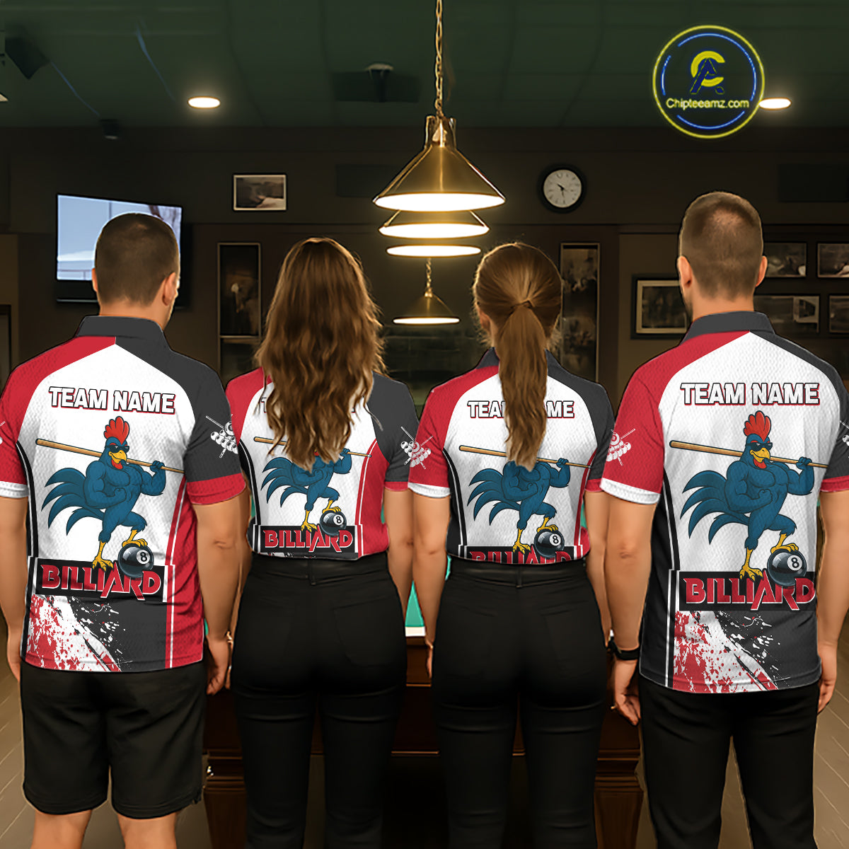 Funny Rooster Play Pool 8 Ball Men's Billiard Shirt Custom Billiard Polo & 1/4 Zip Attire|Red NYN2478