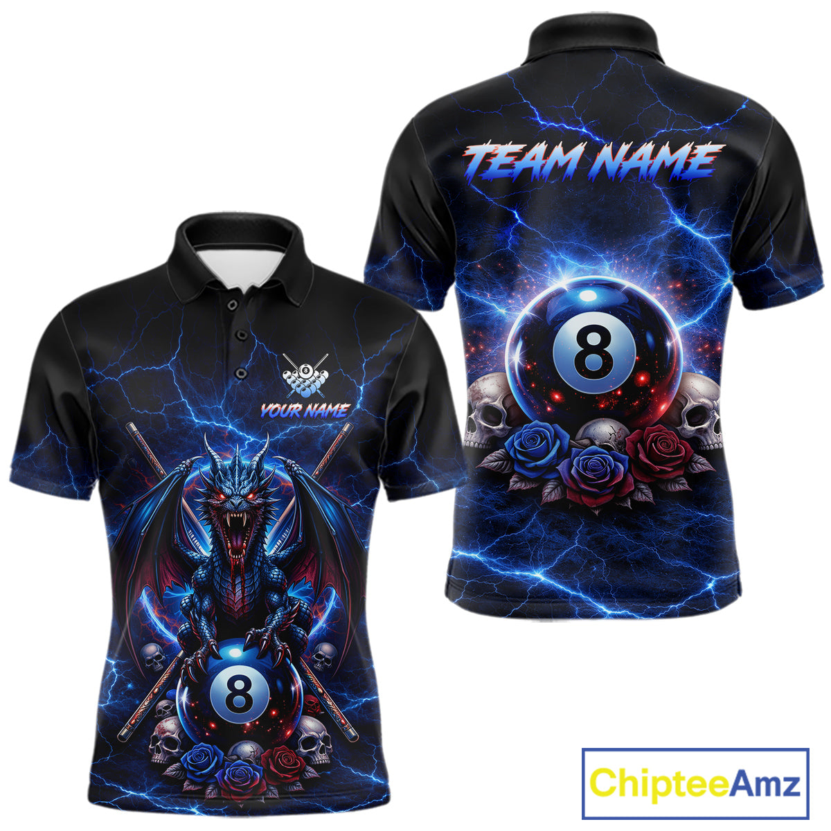 Custom Dragon Roses 8 Ball Billiard Pool Shirt For Men Thunder Blue Red Skull Team Billiard Jersey NYN3068