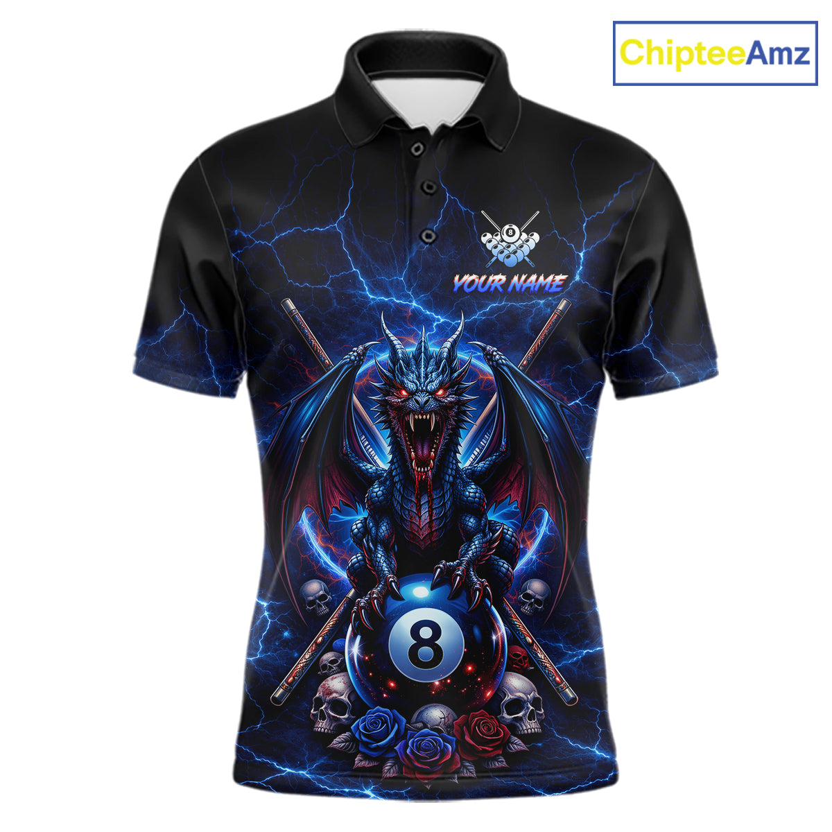 Custom Dragon Roses 8 Ball Billiard Pool Shirt For Men Thunder Blue Red Skull Team Billiard Jersey NYN3068