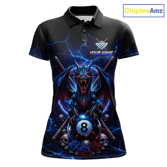 Custom Dragon Roses 8 Ball Billiard Pool Shirt For Women Thunder Blue Red Skull Team Billiard Jersey NYN3068