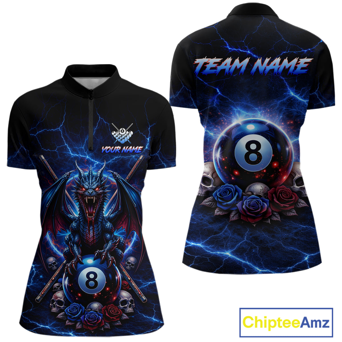 Custom Dragon Roses 8 Ball Billiard Pool Shirt For Women Thunder Blue Red Skull Team Billiard Jersey NYN3068