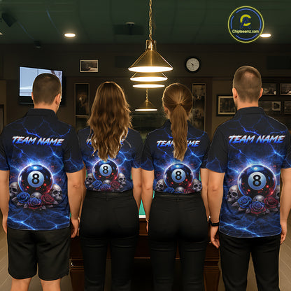 Custom Dragon Roses 8 Ball Billiard Pool Shirt For Men Thunder Blue Red Skull Team Billiard Jersey NYN3068