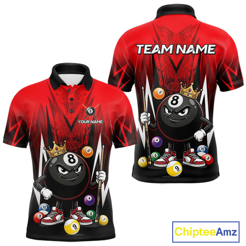 Black & Red Funny Crown 8 Ball Billiard Shirt For Men Custom 8 Ball Pool Polo & 1/4 Zip Jersey NYN3787