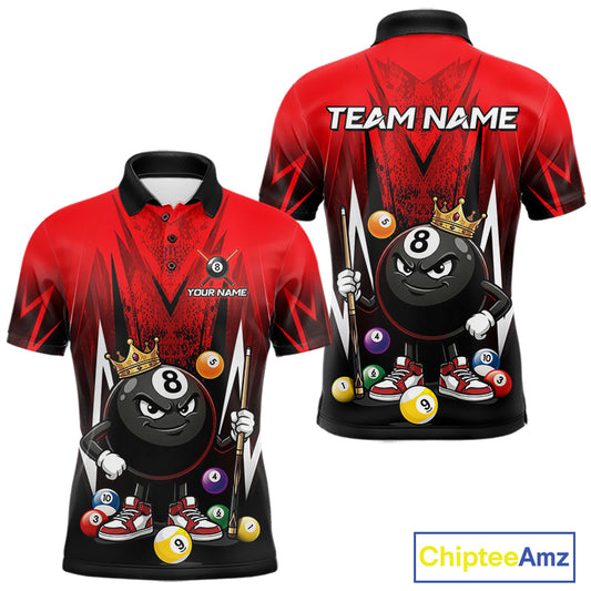 Black & Red Funny Crown 8 Ball Billiard Shirt For Men Custom 8 Ball Pool Polo & 1/4 Zip Jersey NYN3787