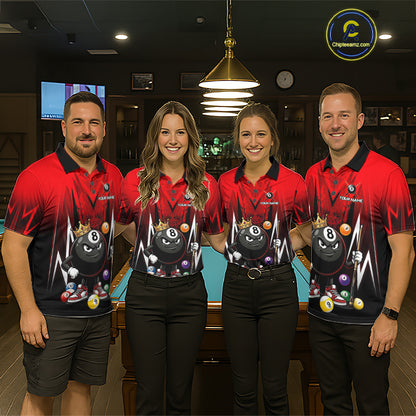 Black & Red Funny Crown 8 Ball Billiard Shirt For Men Custom 8 Ball Pool Polo & 1/4 Zip Jersey NYN3787